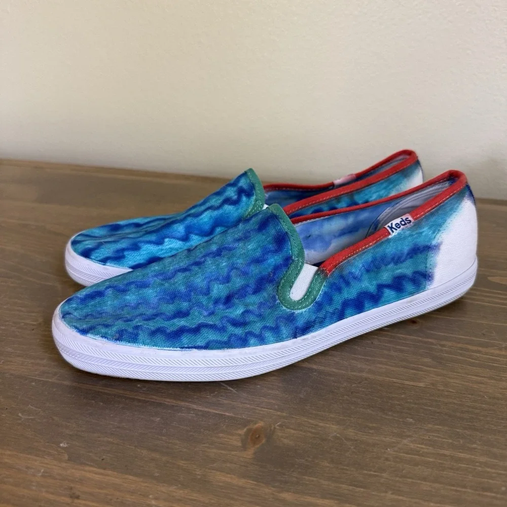Keds Womens 7.5 Blue Teal Tie Dye Red Trim Slip On Flat Sneakers Shoes